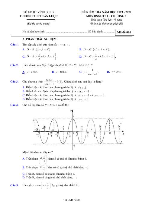 Đề kiểm tra ĐS&GT 11 chương 1 năm 2019 – 2020 trường Tân Lược – Vĩnh Long (bản Word)